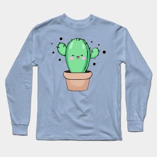 Happy smiling baby cactus in vase with stars. Kawaii cartoon Long Sleeve T-Shirt